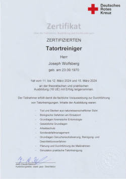 Zertifizierter Tatortreiniger Joseph Wolfsberg Zertifikat